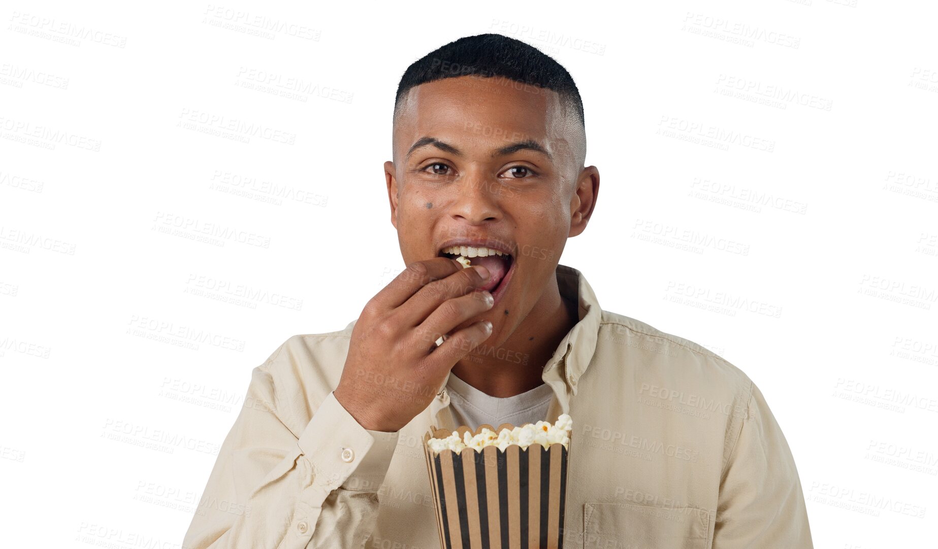 Buy stock photo Happy man, portrait and popcorn for movies or cinema, eating and hungry with snack for entertainment on weekend. Guy, face and excited with junk food for tv and isolated on transparent png background