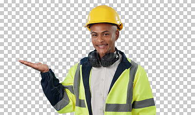 Buy stock photo Construction worker, portrait and palm of happy man for advertising, promotion and isolated on a transparent png background. Face, hand and builder show safety announcement, presentation and choice
