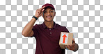 Happy man, shipping box or portrait of delivery guy in studio with courier service or supply chain package. Smile, blue background or worker greeting distribution, online shopping or post services 