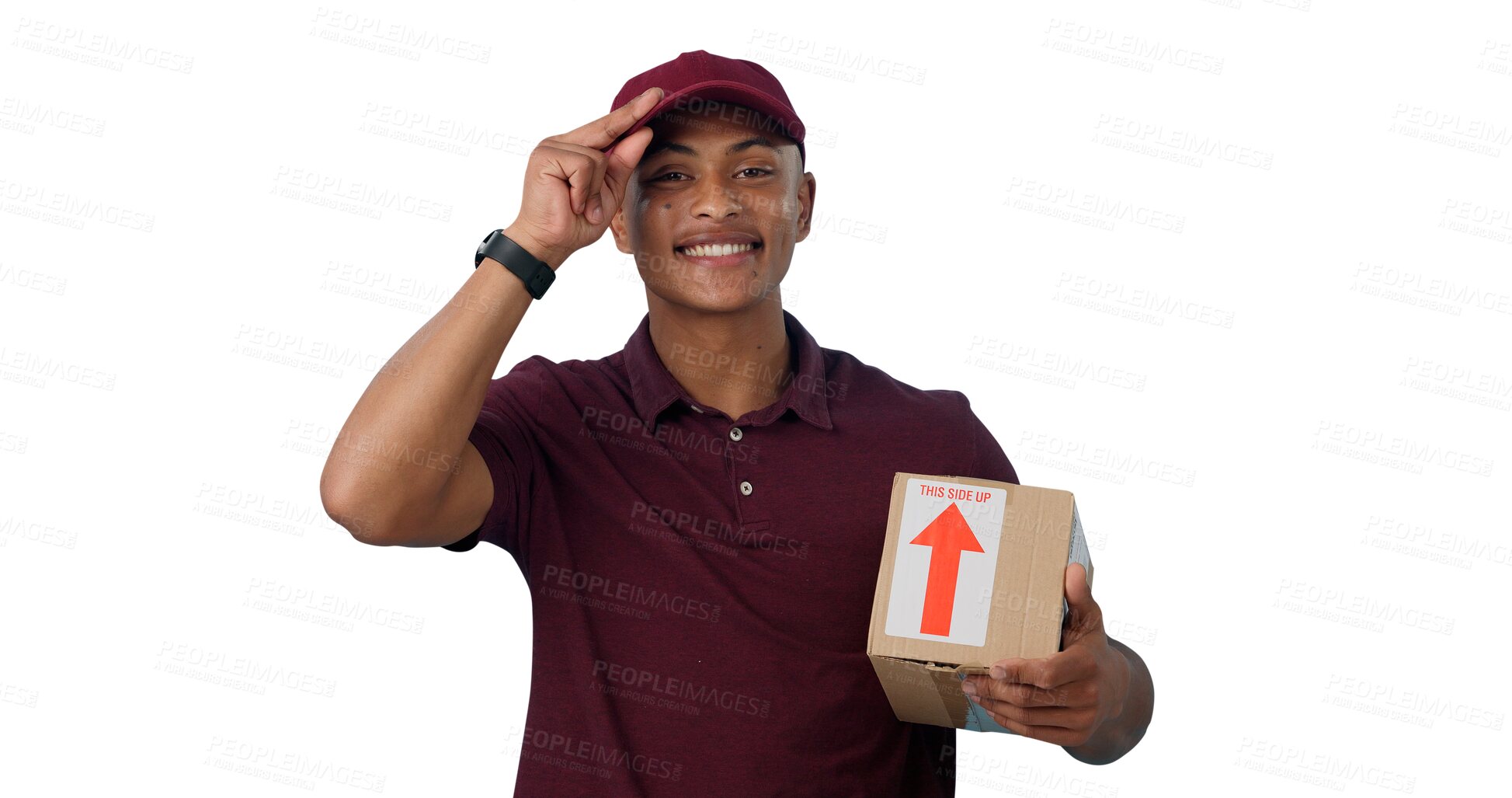 Buy stock photo Portrait, happy man and courier with box, greeting and distribution isolated on a transparent png background for delivery. Smile, shipping or person in cap with package, parcel or cargo for logistics