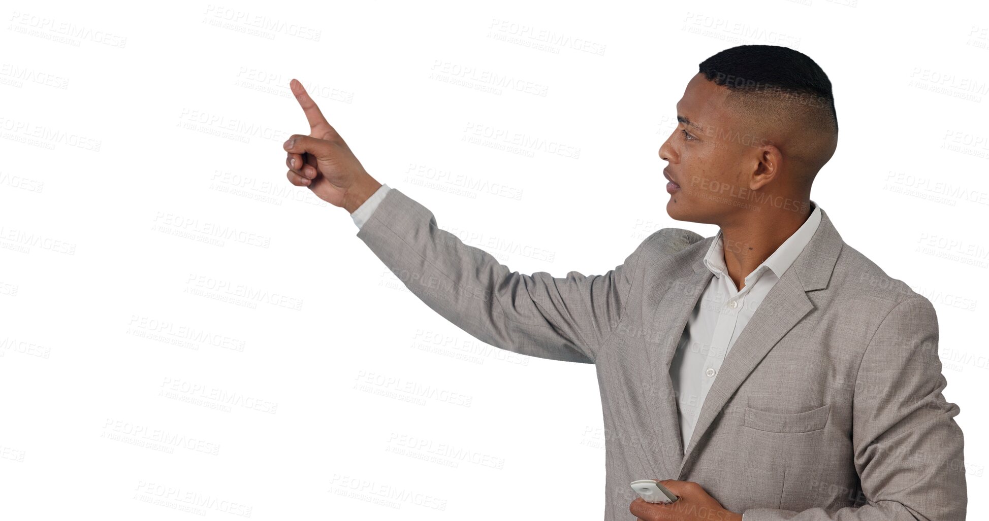 Buy stock photo Weather forecast, pointing and man for talking with hands, news reporter and announcement on television. Meteorologist, climate change and global warming and isolated on transparent png background