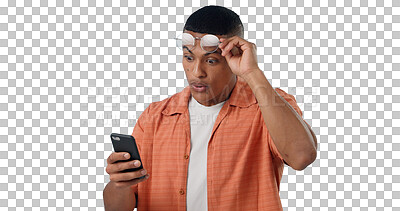 Buy stock photo Surprise, news and man with smartphone, glasses and scam online in transparent or png background. Person, reading and notification in email of internet phishing, fraud and phone with announcement