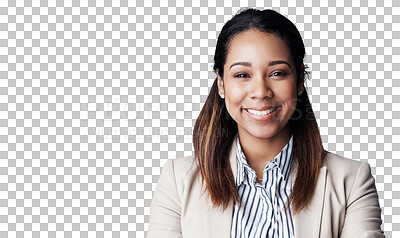 Buy stock photo Business, woman and portrait or happy with confidence for corporate career, startup and human resource work. Entrepreneur, employee and face with pride or smile isolated on png transparent background