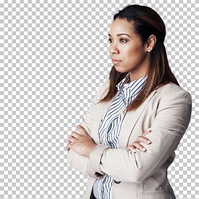 Buy stock photo Woman, crossed arms and planning with ideas, work and vision for business or startup. Entrepreneur, proud and thinking for professional career or job isolated on a transparent, png background