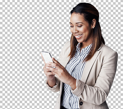 Buy stock photo Happy woman, phone and typing for business, communication or networking on a transparent PNG background. Young female person or employee with smile on mobile smartphone for online chatting or texting