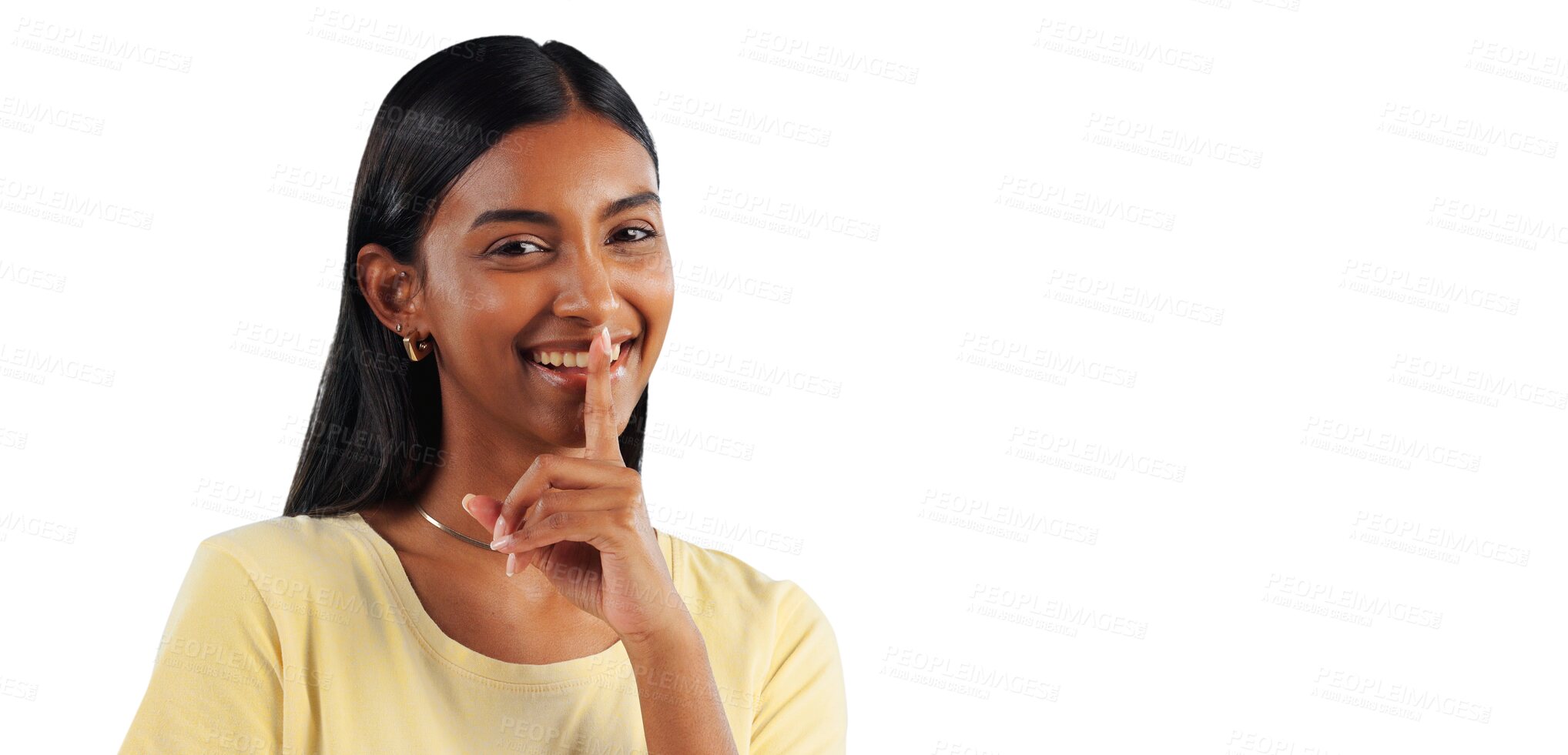 Buy stock photo Secret, portrait and woman with hand on lips to whisper in transparent, isolated or png background. Happy, girl and person gesture to shush for privacy of drama, news and emoji for gossip story