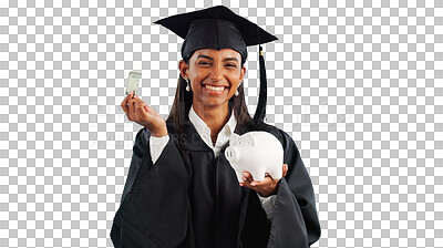 Buy stock photo Student, graduation and portrait or piggy bank for education savings for future learning, certificate or scholarship. Indian person, cash and isolated transparent png background, university or degree