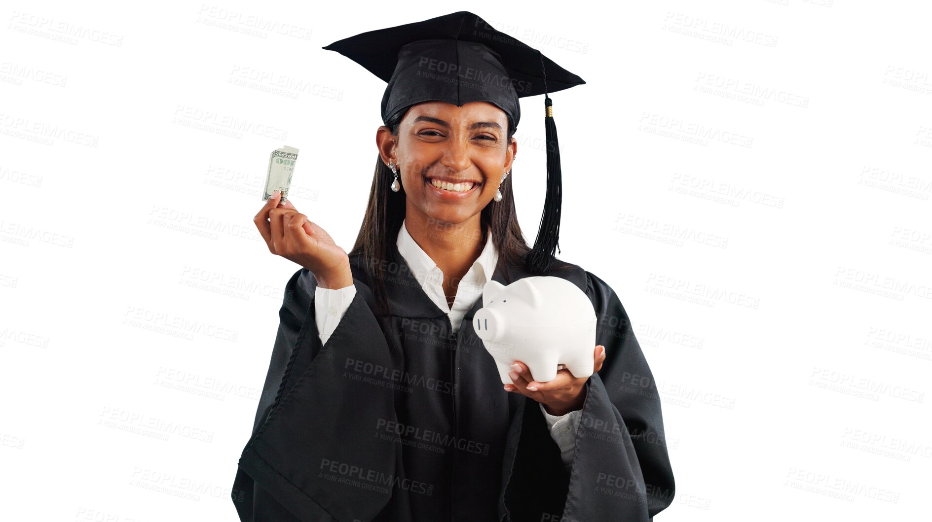 Buy stock photo Student, graduation and portrait or piggy bank for education savings for future learning, certificate or scholarship. Indian person, cash and isolated transparent png background, university or degree