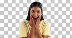 Excited, woman and crazy portrait with wow, surprise and winner with a smile in a studio. Blue background, happy and celebration with female person with motivation from announcement and achievement