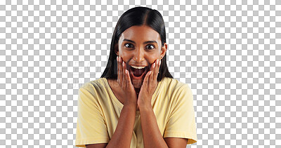 Buy stock photo Excited, woman and wow in portrait, surprise and winner or isolated on transparent png background. Indian female person, happy and shock for omg announcement, promotion and discount or good news