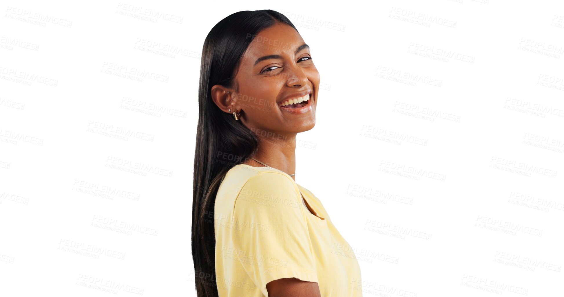 Buy stock photo Portrait, Indian woman and laugh with excitement for funny jokes, standup comedy and sitcom. Cheerful gen z female person with big smile, glow and joy while isolated on transparent png background