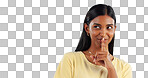 Secret, gossip and woman with finger on lips, smile and announcement on a blue background. Person, girl and model with privacy, mockup space and drama news with surprise, emoji and whisper with shush