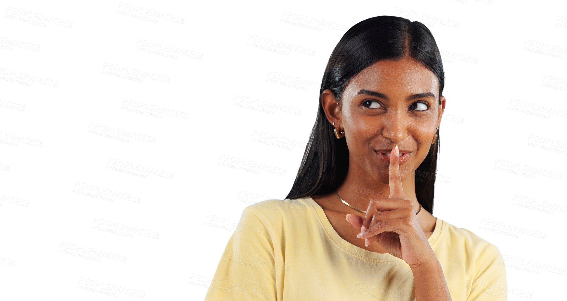 Buy stock photo Woman, thinking and hand on lips for secret to whisper in transparent, isolated or png background. Happy, girl or person gesture to shush for privacy of drama, news and smile for gossip story or idea