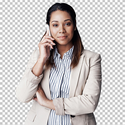 Buy stock photo Business woman, portrait with phone call and communication for contract with consultant on png transparent background. Corporate contact, networking and b2b at consultancy agency with conversation