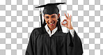 Woman, ok sign and smile for graduation in studio with review with vote, choice or support by blue background. Student girl, portrait and celebration for icon, emoji or decision for success with goal