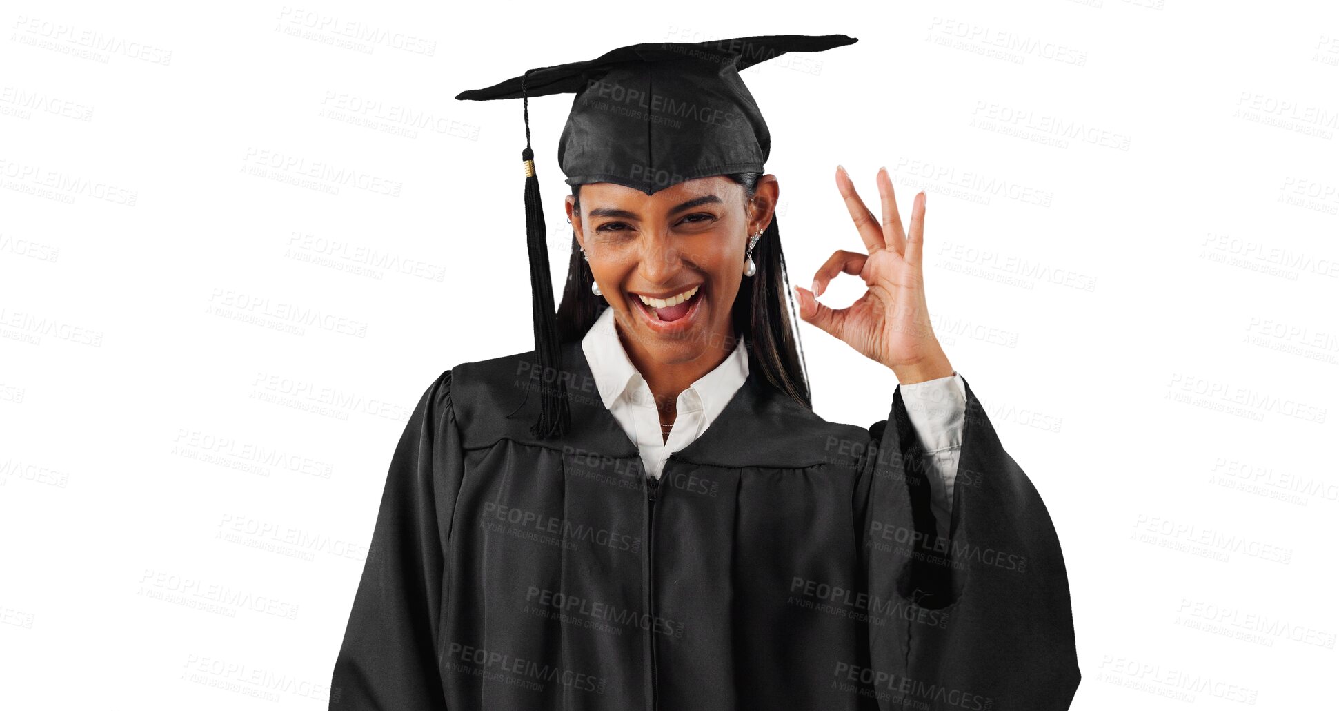 Buy stock photo Graduation, portrait or happy woman with perfect hand sign for education or learning success. Graduate, transparent or student isolated on png with smile or okay gesture for approval, like or yes