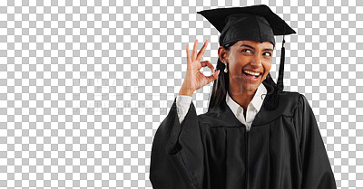 Buy stock photo Graduate, portrait or happy woman with okay hand sign for education or learning goals. Graduation, transparent or student isolated on png background with smile or perfect gesture for approval or like