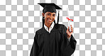Graduate woman, diploma and portrait in studio with pride, success and achievement by blue background. Graduation, girl and certificate with award, celebration or paperwork for future from university