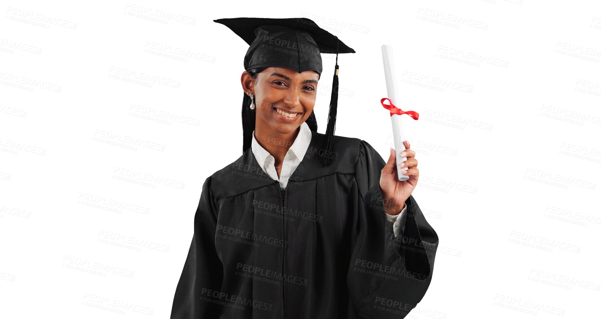 Buy stock photo Graduation success, certificate or portrait of graduate with education, college or university goal. Indian woman, happy or proud student excited by achievement isolated transparent png background 