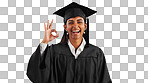 Graduate woman, ok sign and smile in studio with review with vote, choice and support by blue background. Graduation, girl and portrait with icon, emoji or decision with celebration, goals or success