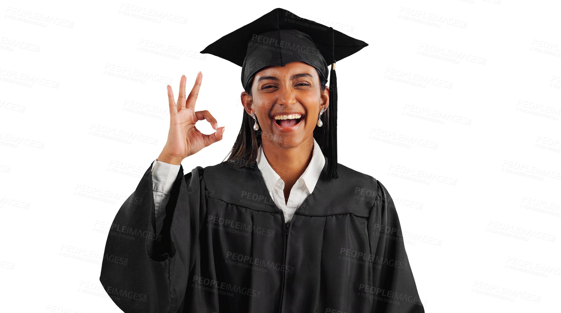 Buy stock photo Graduation, portrait or happy woman with okay hand sign for education or learning goals. Graduate, transparent or student isolated on png background with smile or perfect gesture for approval or like