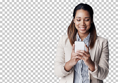 Buy stock photo Business, smile and woman with a smartphone, typing and employee isolated on a transparent background. Png, person and entrepreneur with a cellphone and mobile user with social media and digital app