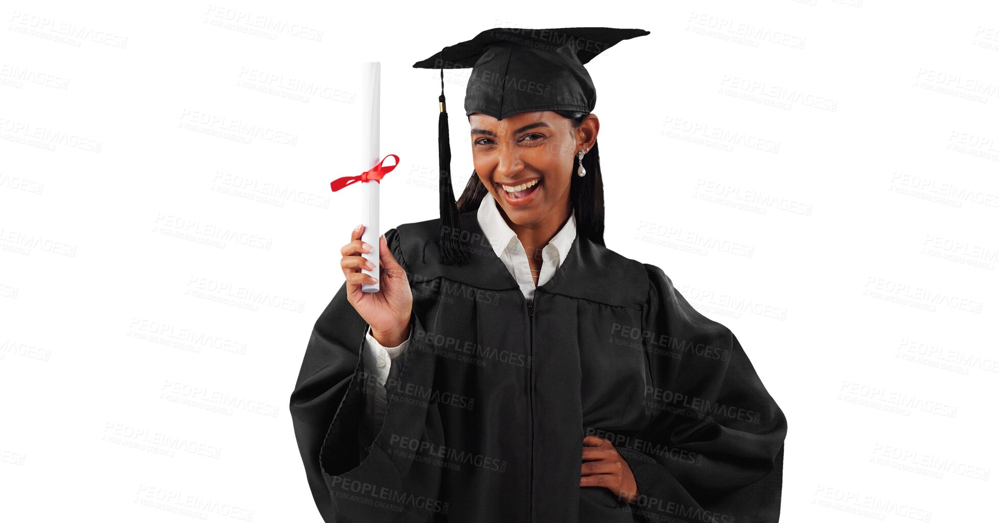 Buy stock photo Graduation goals, certificate or portrait of graduate with education, college or university success. Indian woman, happy or proud student excited by achievement isolated transparent png background 