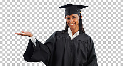 Buy stock photo Graduate, portrait and palm gesture or education recommendation or information, registration or choice. Female person, university and hand or isolated transparent png background, college or school
