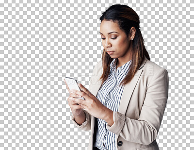 Buy stock photo Business, digital app and woman with a smartphone, typing and entrepreneur isolated on a transparent background. Png, person or PR consultant with cellphone and mobile user with social media or chat