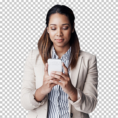 Buy stock photo Business, woman and smartphone with typing, employee and entrepreneur isolated on a transparent background. Person, worker and PR consultant with cellphone or social media with connection, png or app