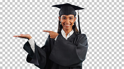 Buy stock photo Graduation, graduate or portrait of student pointing to education, college or university deal. Smile, palm or happy Indian woman advertising scholarship offer isolated on transparent png background