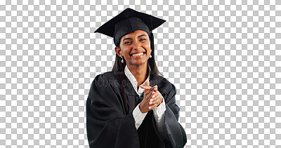 Buy stock photo Portrait, education and graduation with student indian girl isolated on transparent background for celebration. College, school or university achievement with happy young graduate on PNG for ceremony