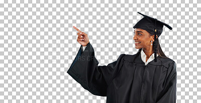 Buy stock photo Woman, graduate and pointing for education or campus recommendation for information, registration or choice. Female person, university and isolated transparent png background, presentation or school