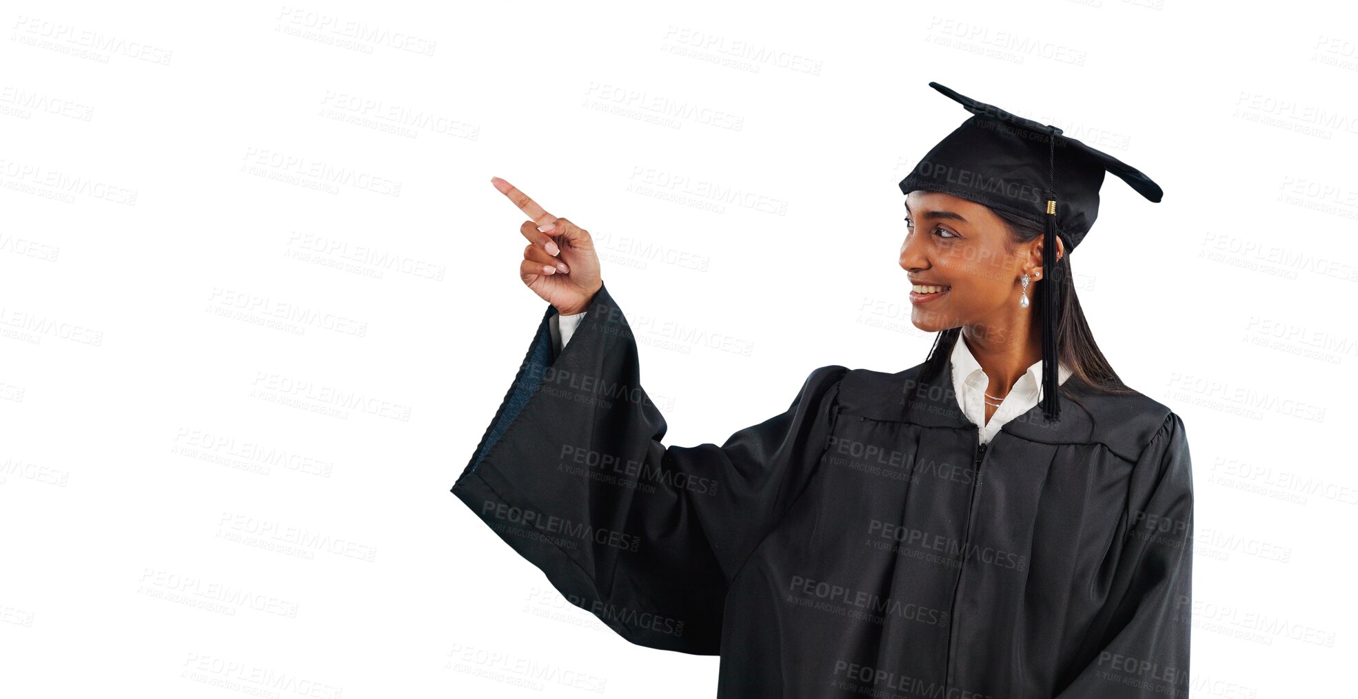 Buy stock photo Woman, graduate and pointing for education or campus recommendation for information, registration or choice. Female person, university and isolated transparent png background, presentation or school