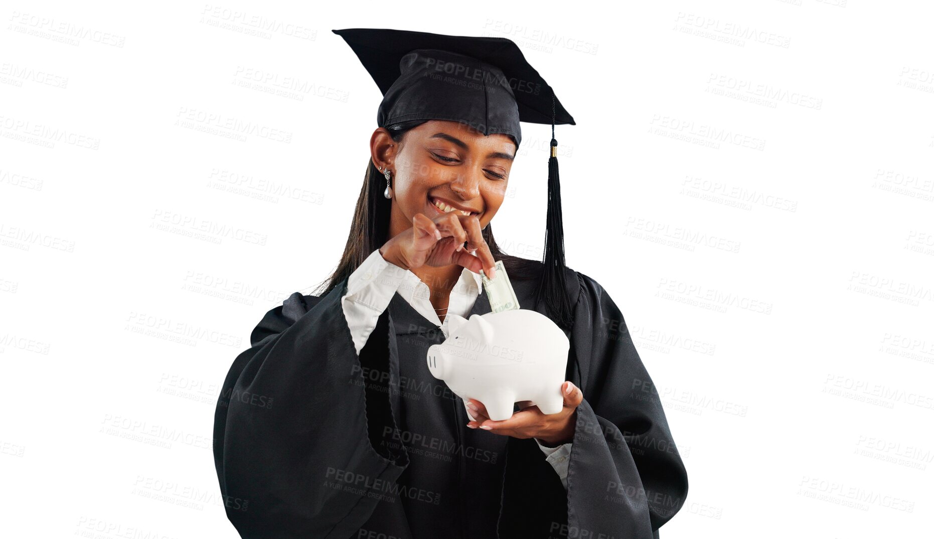 Buy stock photo Student, graduation and piggy bank for education savings for future learning, certificate or scholarship. Indian person, cash finance and isolated transparent png background, university or degree