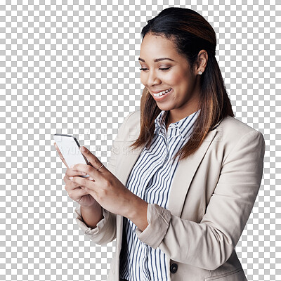 Buy stock photo Business, woman and happy with phone for communication, networking and notification with internet. Entrepreneur, employee and smile with technology for email isolated on a png transparent background