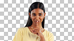 Woman, finger to lips and secret in portrait with gossip, news or announcement on blue background. Silence, gesture and emoji in studio, whisper for privacy and confidential information with sign