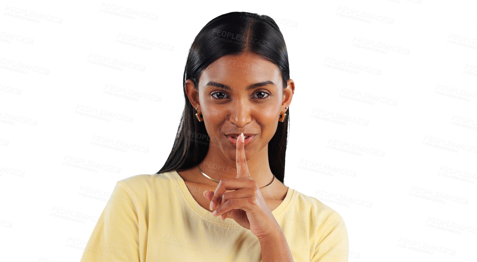 Buy stock photo Secret, portrait and woman with finger on lips to whisper in transparent, isolated or png background. Happy, girl and person gesture to shush for privacy of drama, news and emoji for gossip story