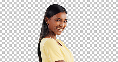 Buy stock photo Indian, woman and smile in portrait for happiness, casual clothes and fashion on png transparent background. Excited face, yellow tshirt and simple style with young model, positivity and confidence