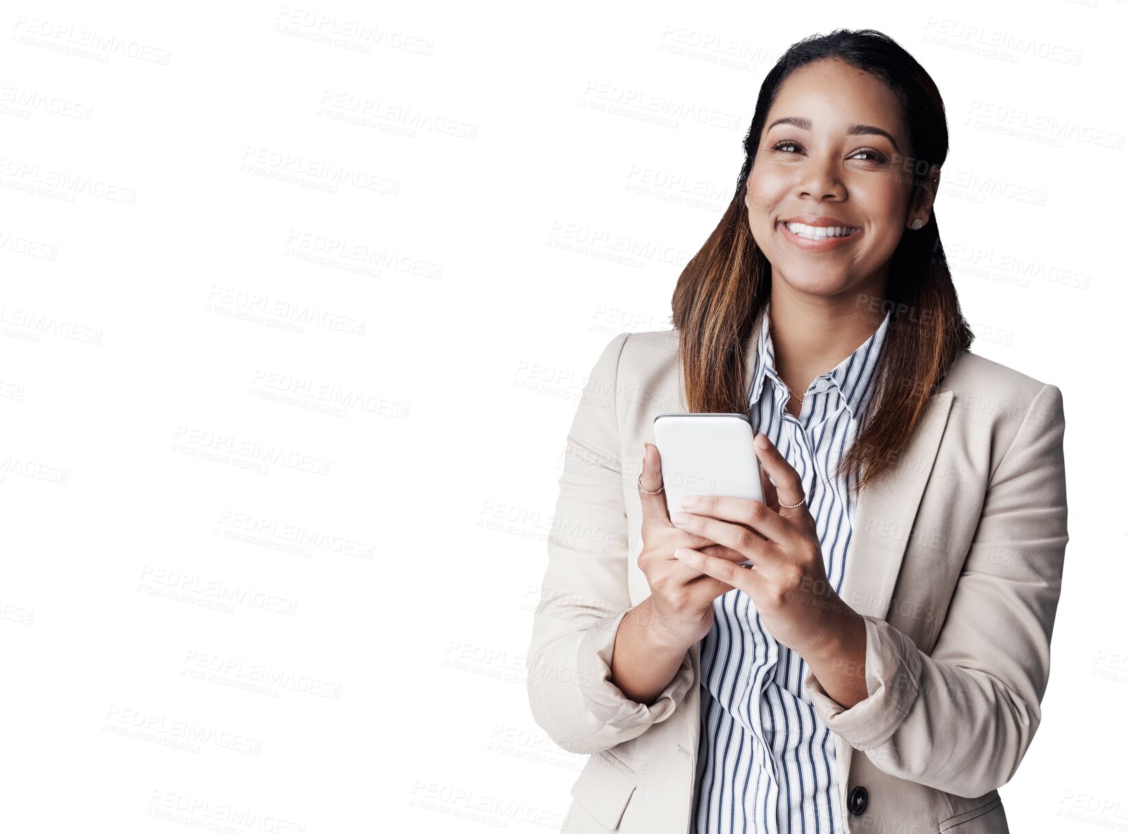Buy stock photo Happy woman, typing and thinking with phone for business, communication or networking on a transparent PNG background. Female person or employee with smile on mobile smartphone for online chatting