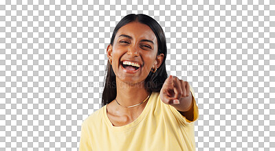 Buy stock photo Woman, laughing and portrait pointing to you as funny  reaction in transparent, isolated or png background. Happy, face and model with hand gesture as joke with humor or rude, bullying and gossip