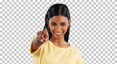 Buy stock photo Portrait, Indian woman and pointing finger for choice, hey you and excited with big smile and happiness. Female person to show, decision and invitation while isolated on transparent png background