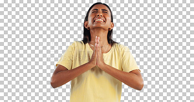 Buy stock photo Woman, praying and desperate with hope and anxiety, worship in faith and trust in God on png transparent background. Stress, sorry and forgiveness, spiritual and religion for pain and healing