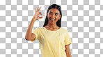 Woman, OK hand gesture and agreement for success or support with smile and mockup space on blue background. Like, yes and emoji with feedback, vote or opinion in studio with thank you or praise
