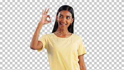 Buy stock photo Indian woman, OK hand gesture and agreement, support with feedback or review on png transparent background. Like emoji, icon and vote with success or thank you, well done and approval with praise