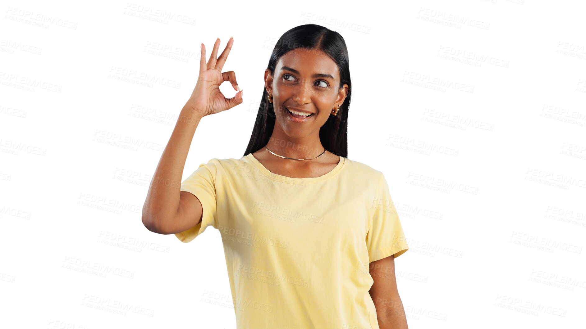 Buy stock photo Indian woman, OK hand gesture and agreement, support with feedback or review on png transparent background. Like emoji, icon and vote with success or thank you, well done and approval with praise