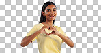 Heart, hands and woman in portrait with support, charity and love sign with smile on blue background. Health, wellness and donation with care, icon or symbol, emoji and happy with kindness in studio