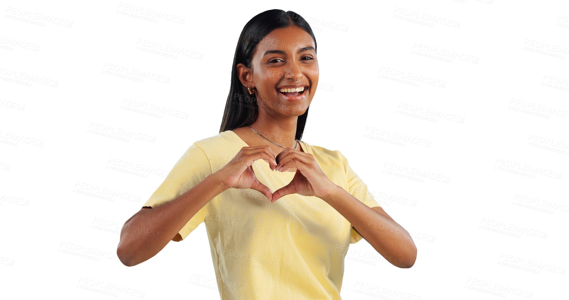 Buy stock photo Indian woman,  portrait and heart, hands for gesture or emoji, support and charity on png transparent background. Happy, donation and wellness with love, sign or icon for Valentines day and romance