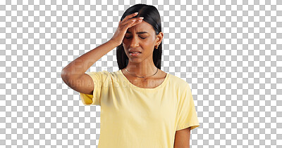 Buy stock photo Stress, headache and Indian woman with vertigo, pain or tension os isolated, transparent or png background. Brain fog, anxiety and female person frustrated with migraine, crisis or burnout disaster