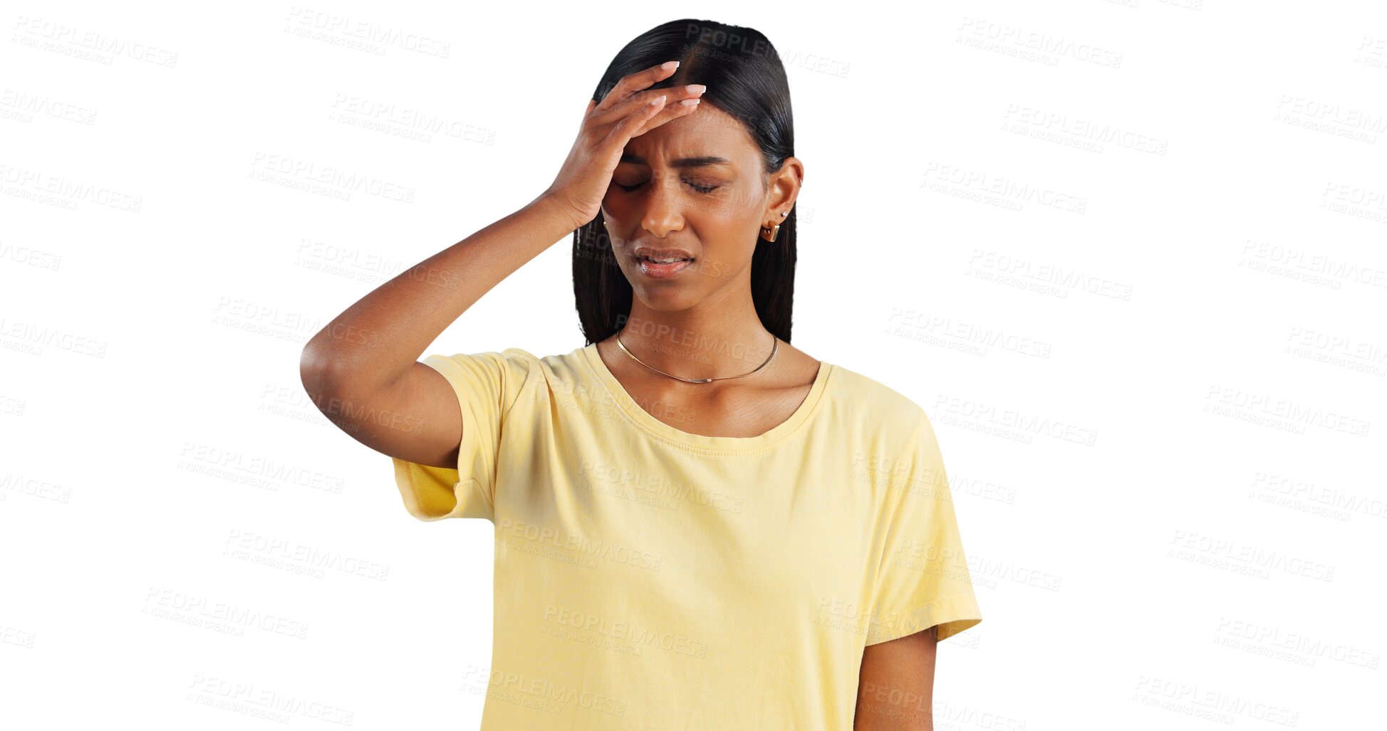 Buy stock photo Stress, headache and Indian woman with vertigo, pain or tension os isolated, transparent or png background. Brain fog, anxiety and female person frustrated with migraine, crisis or burnout disaster